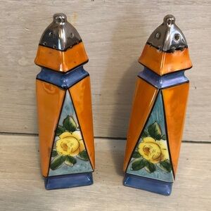 Vintage Japanese Porcelain Salt & Pepper Shakers Art Deco Design Yellow Rose